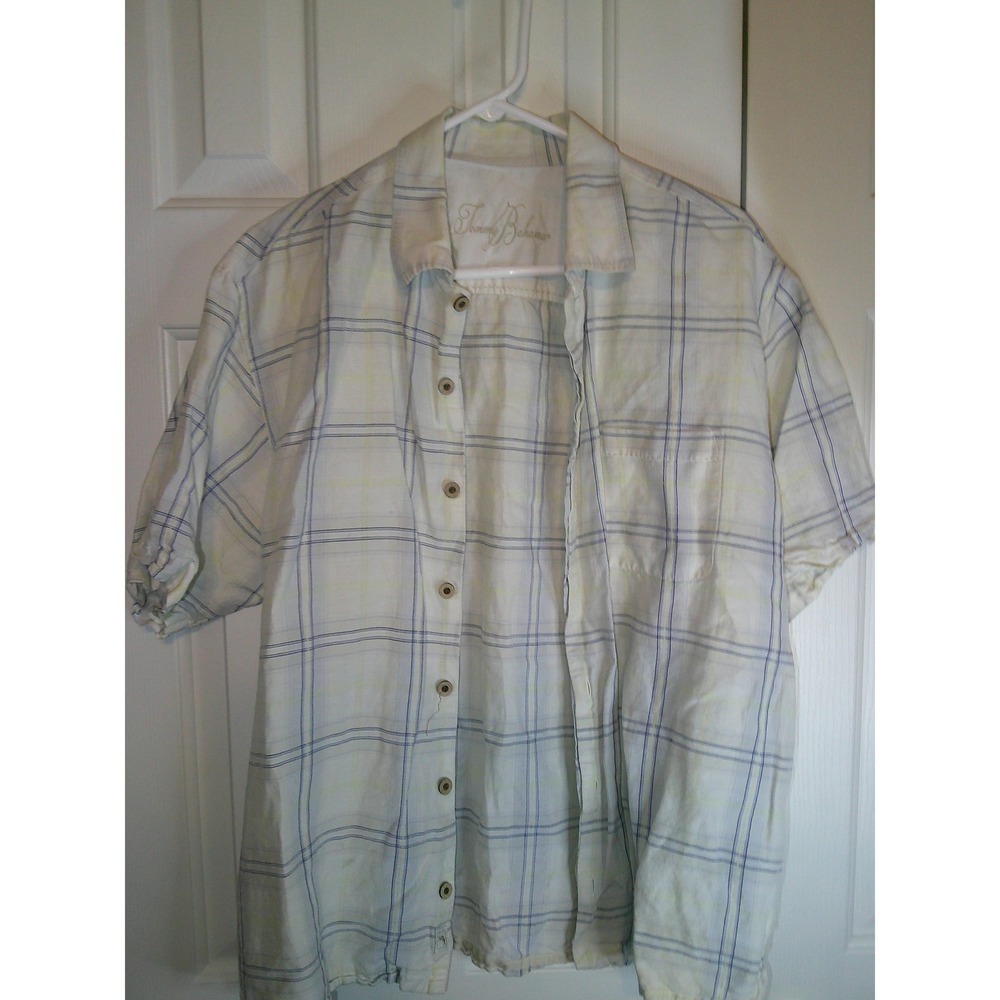 Tommy Bahama Linen Silk Plaid Button Up Short Sleeve Shirt, Large‎